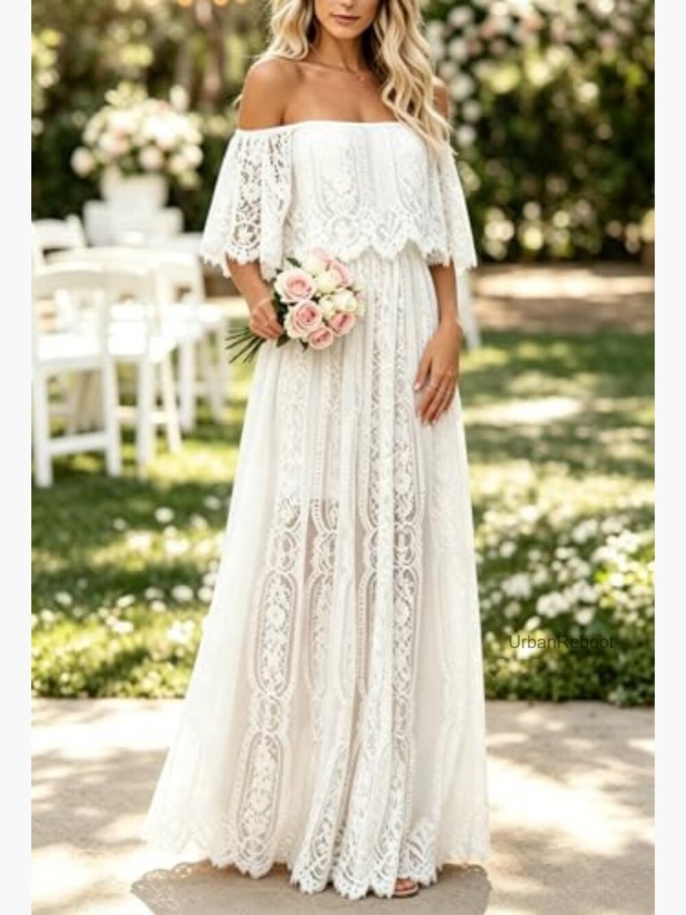 Off Shoulder Floral Lace Maxi Dress for Wedding Maternity Photoshoot Long - Picture 5 of 7